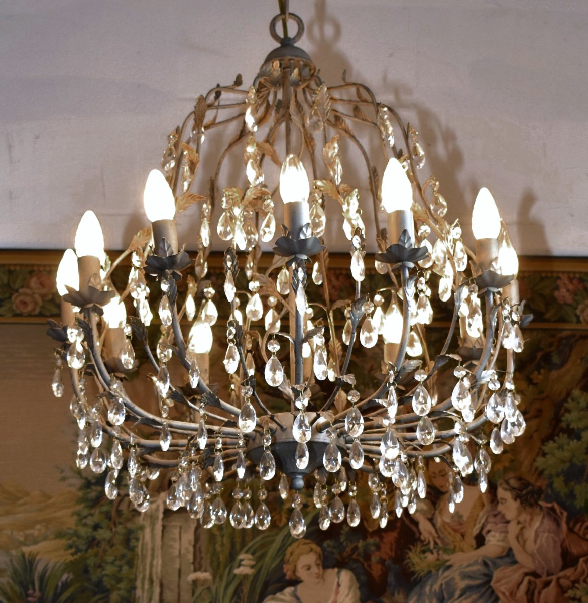 Important Lustre Cage  à Pampilles Dans Le Gout De La Maison Bagués, 12 Bras De Lumières, -photo-2