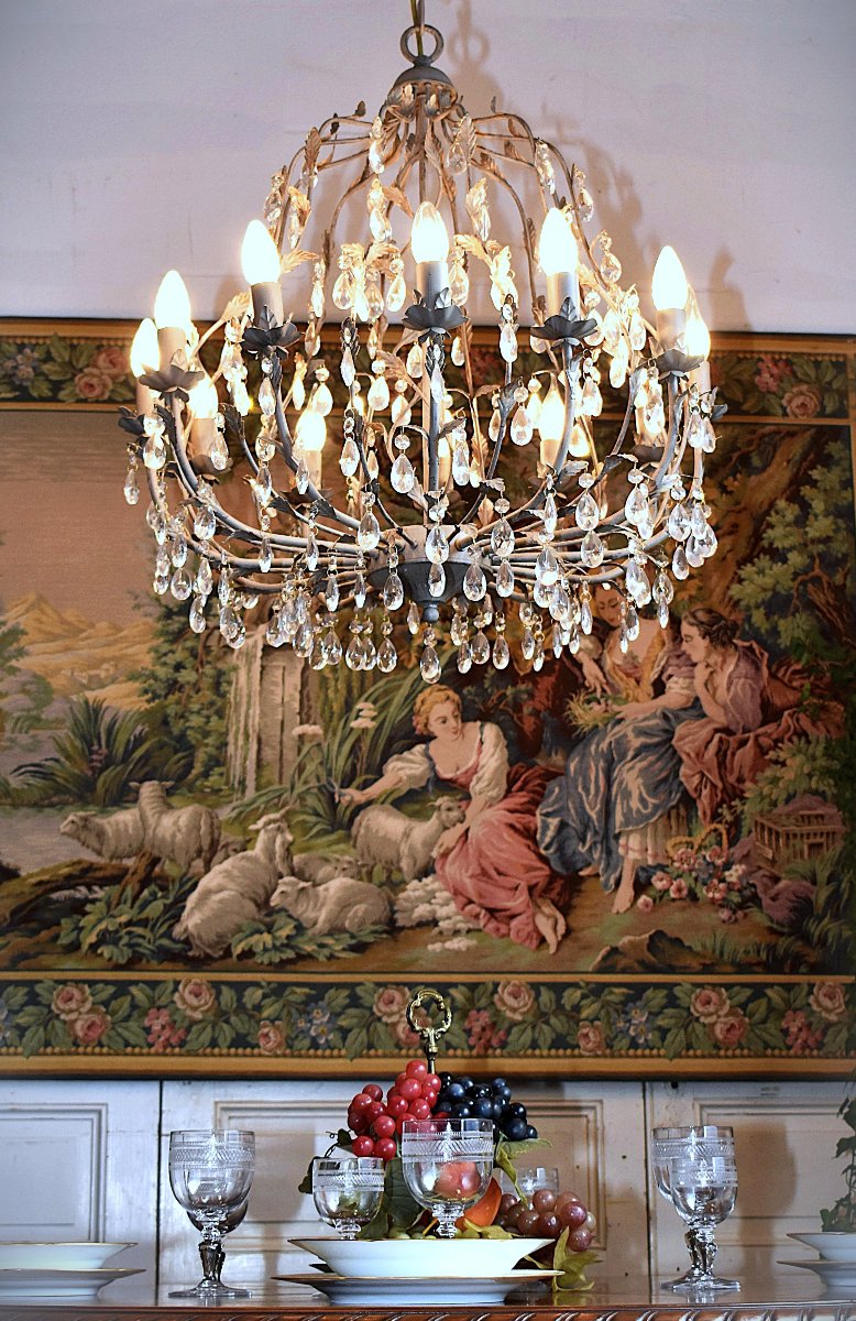 Important Lustre Cage  à Pampilles Dans Le Gout De La Maison Bagués, 12 Bras De Lumières, 