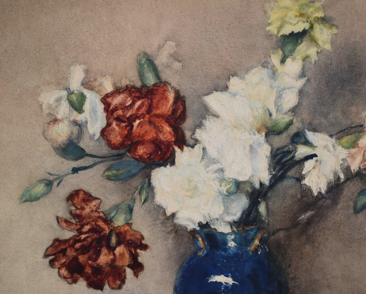  Georges Villain 1854-1930  Aquarelle , Bouquet De Fleurs Sur Un Entablement. nature morte     -photo-4