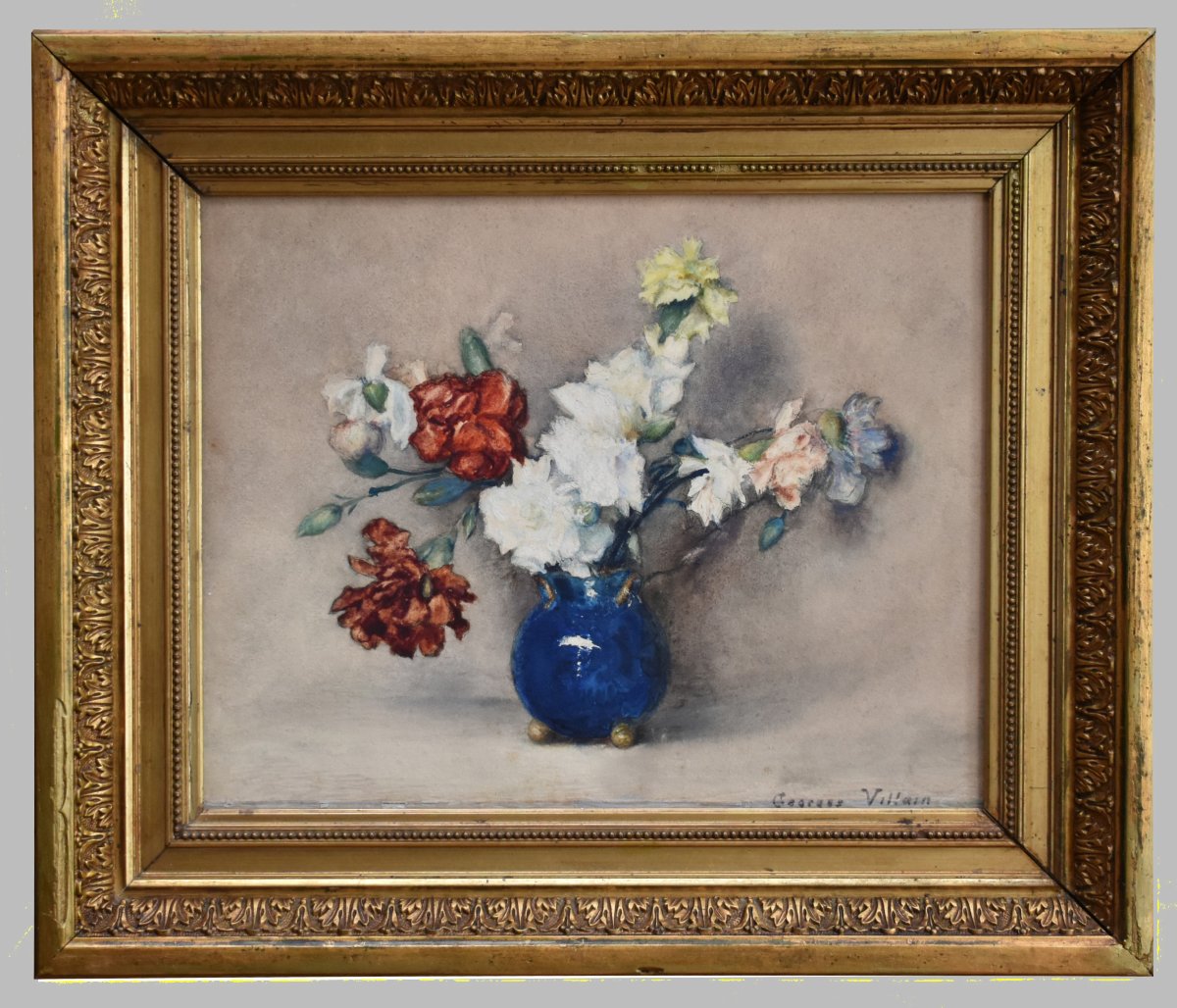  Georges Villain 1854-1930  Aquarelle , Bouquet De Fleurs Sur Un Entablement. nature morte     -photo-2