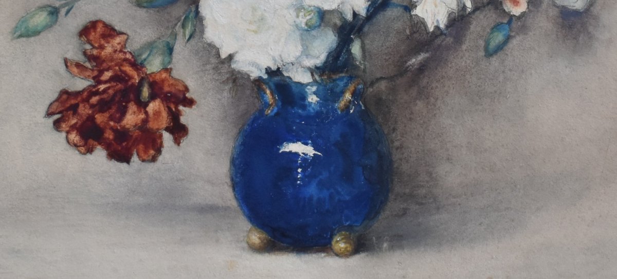  Georges Villain 1854-1930  Aquarelle , Bouquet De Fleurs Sur Un Entablement. nature morte     -photo-1