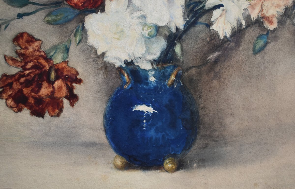 Georges Villain 1854-1930  Aquarelle , Bouquet De Fleurs Sur Un Entablement. nature morte     -photo-2
