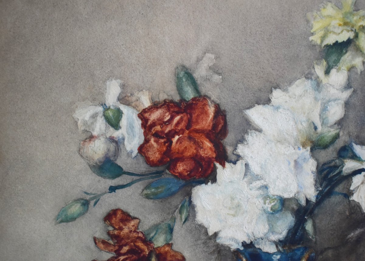 Georges Villain 1854-1930  Aquarelle , Bouquet De Fleurs Sur Un Entablement. nature morte     -photo-4