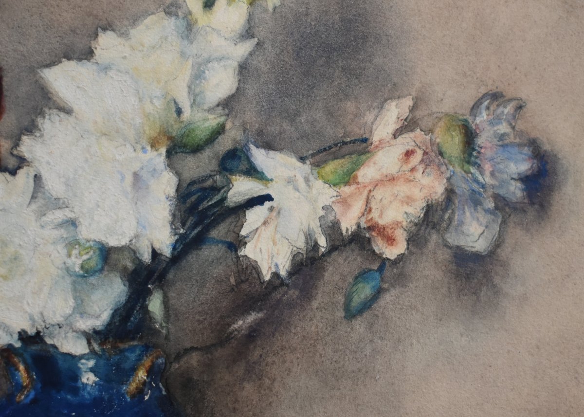  Georges Villain 1854-1930  Aquarelle , Bouquet De Fleurs Sur Un Entablement. nature morte     -photo-5