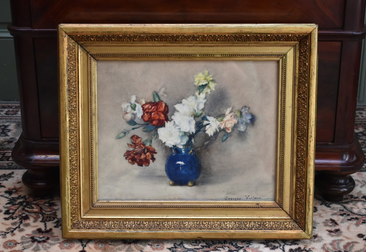  Georges Villain 1854-1930  Aquarelle , Bouquet De Fleurs Sur Un Entablement. nature morte     