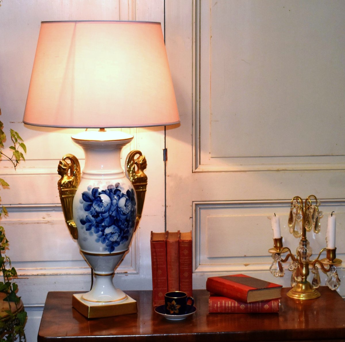 Large Limoges Porcelain Lamp Base, Hand-painted Floral Design, Atelier Marcel Caffy-photo-2