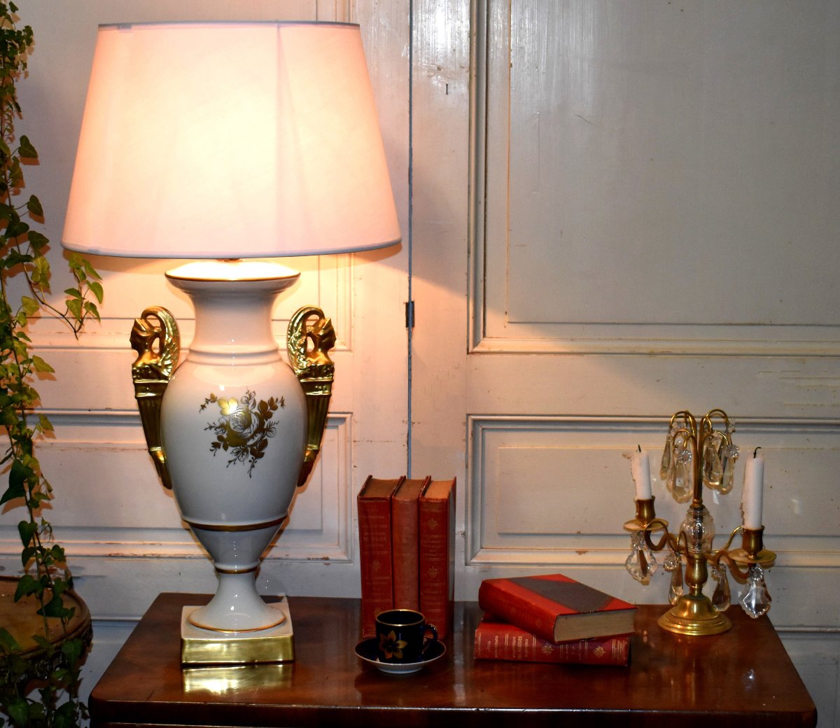 Large Limoges Porcelain Lamp Base, Hand-painted Floral Design, Atelier Marcel Caffy-photo-3