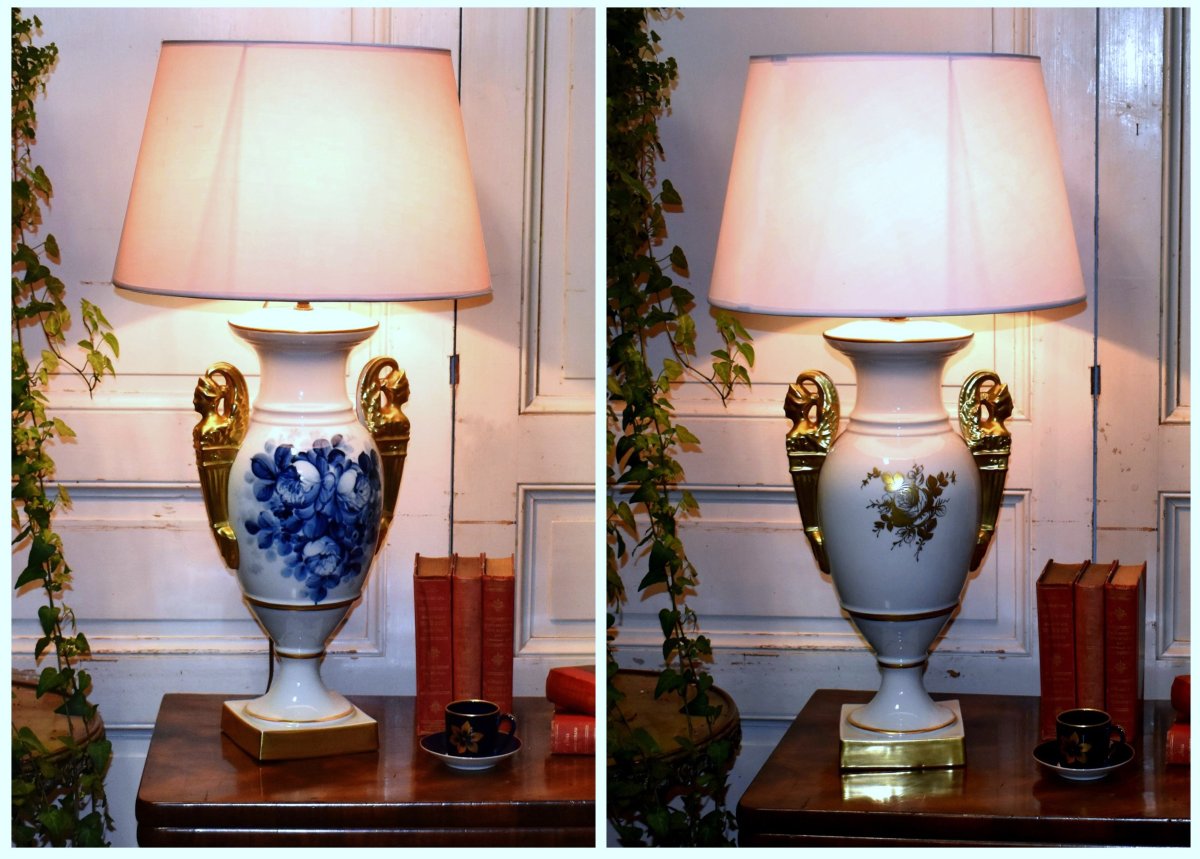 Large Limoges Porcelain Lamp Base, Hand-painted Floral Design, Atelier Marcel Caffy-photo-4