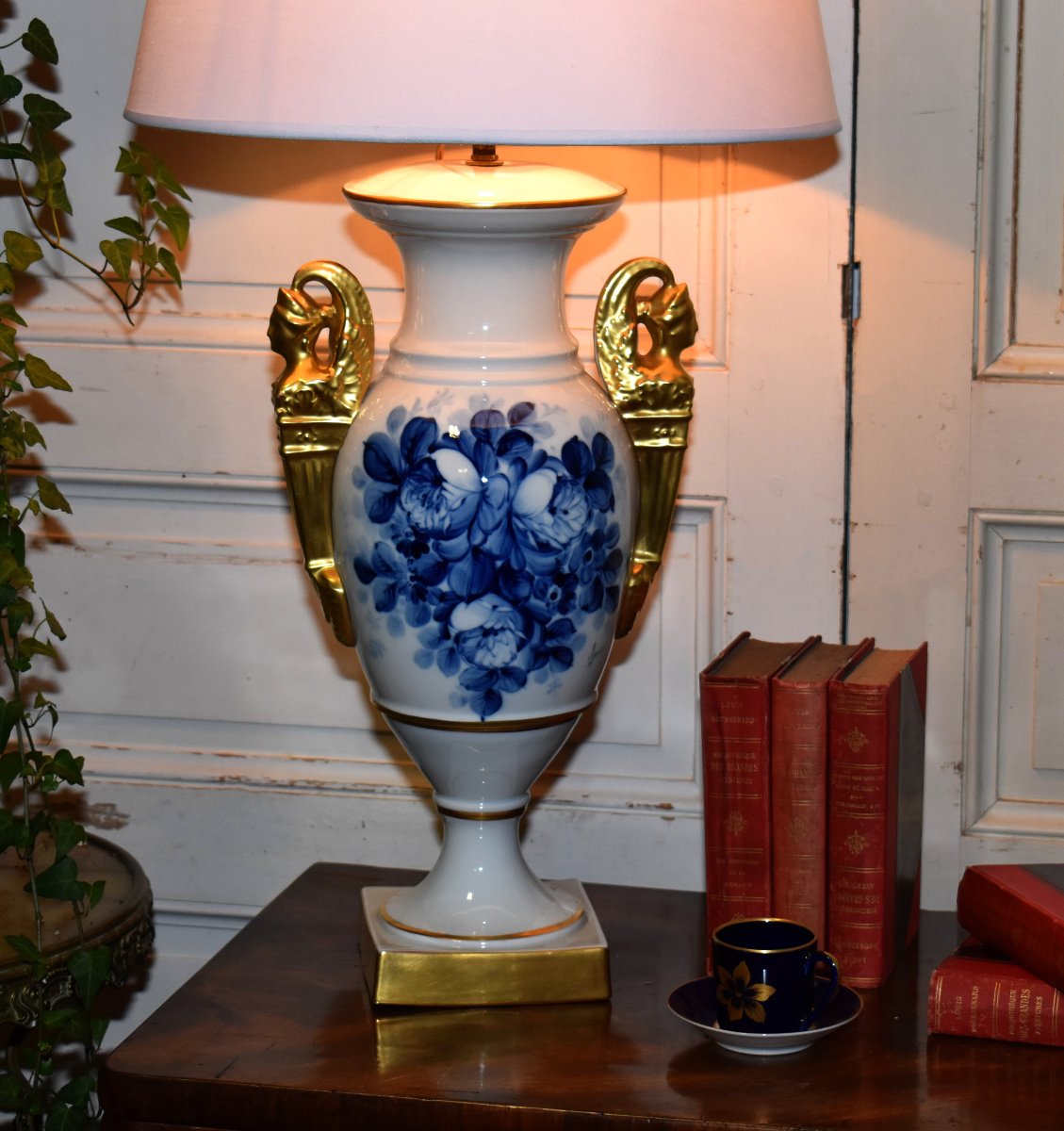 Large Limoges Porcelain Lamp Base, Hand-painted Floral Design, Atelier Marcel Caffy-photo-1