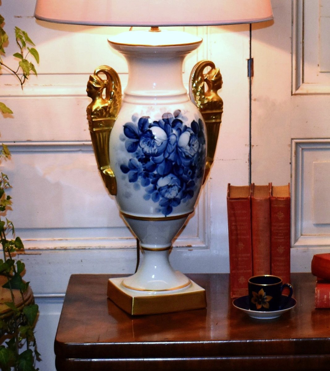 Large Limoges Porcelain Lamp Base, Hand-painted Floral Design, Atelier Marcel Caffy