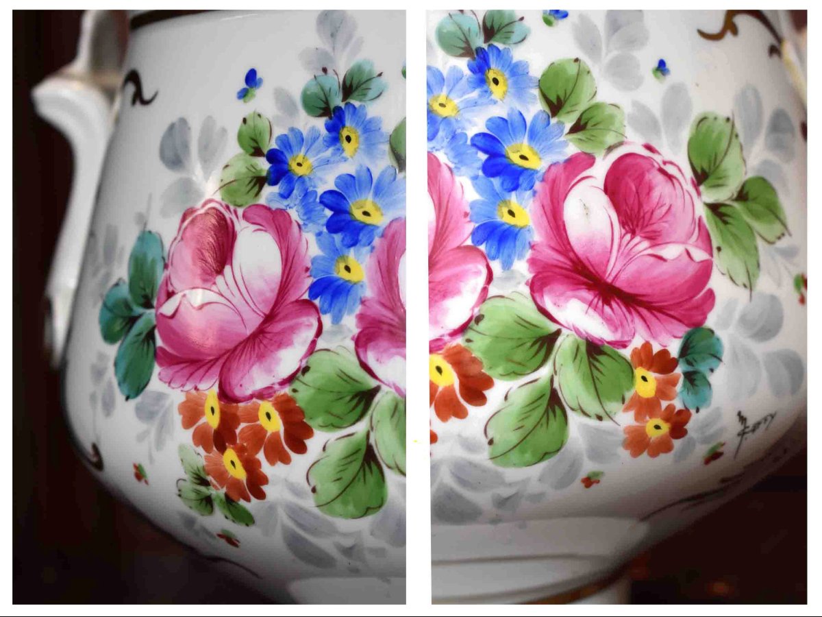 Grand cache pot, centre de table peint main, coupe  porcelaine de Limoges atelier Marcel Caffy-photo-3