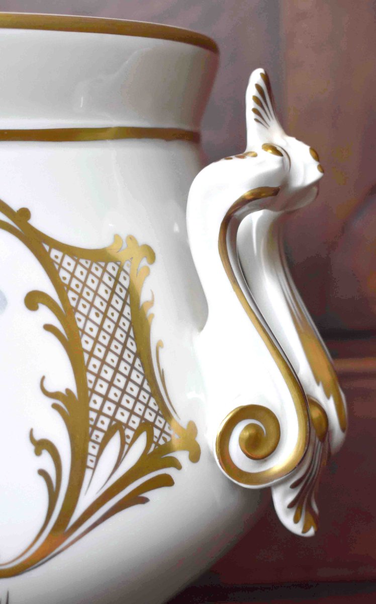 Grand cache pot, centre de table peint main, coupe  porcelaine de Limoges atelier Marcel Caffy-photo-7