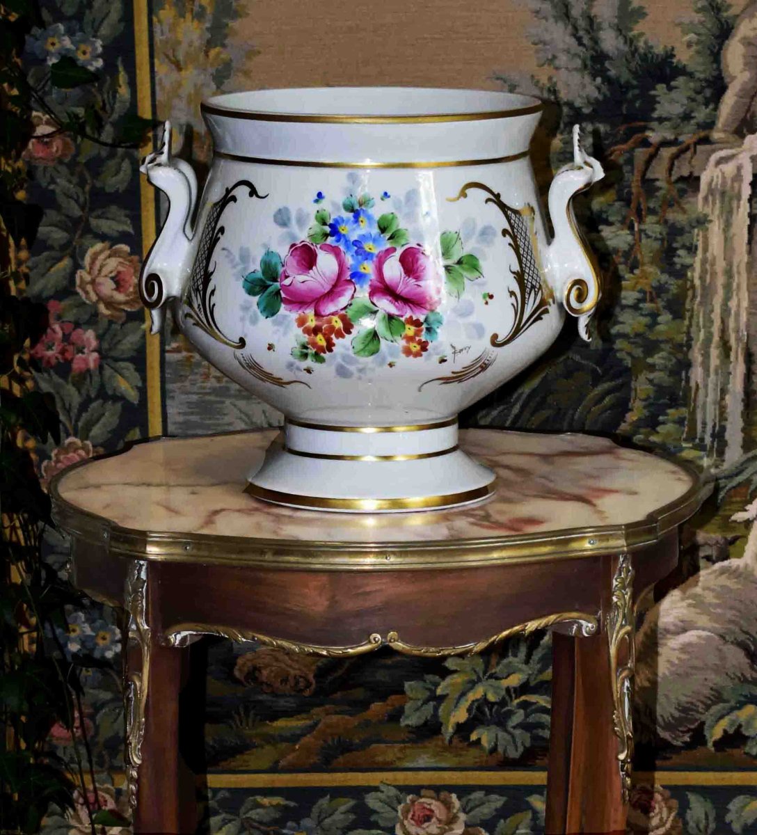 Grand cache pot, centre de table peint main, coupe  porcelaine de Limoges atelier Marcel Caffy