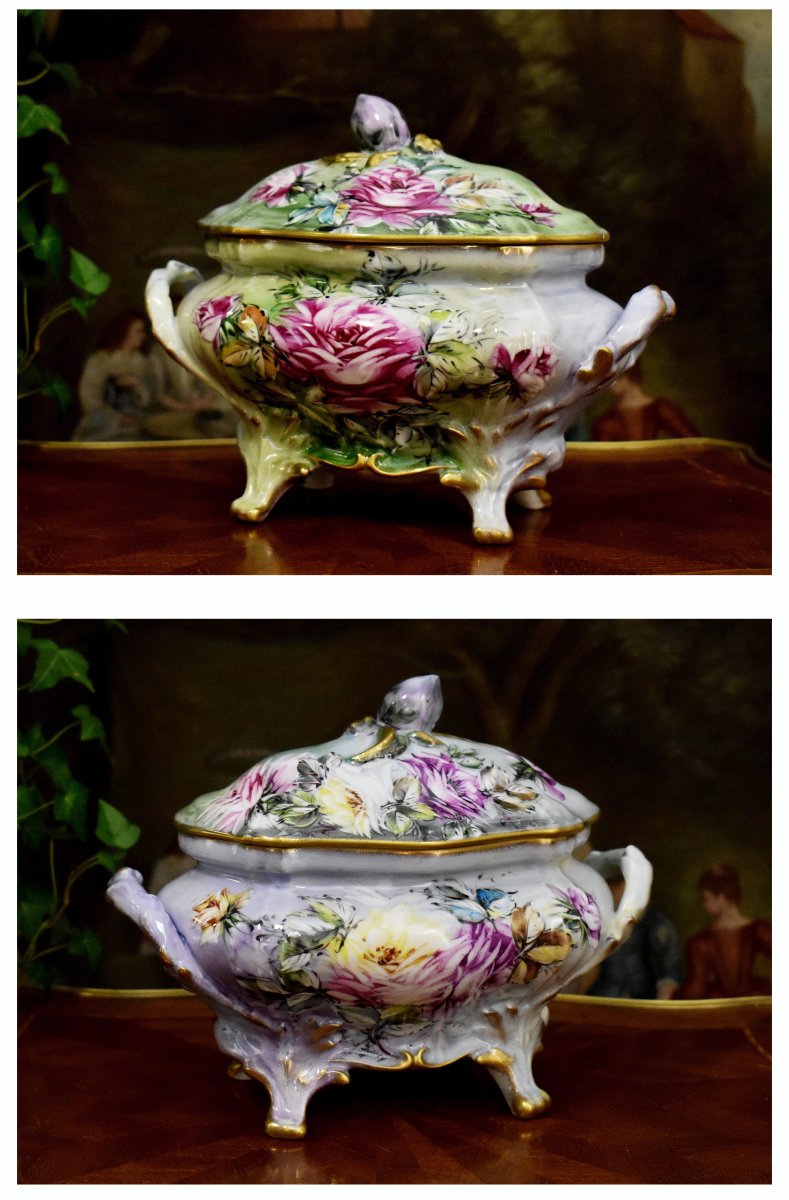  Caffy Limoges, porcelaine décorative à  décor de roses peintes à la main. plat et soupière -photo-2