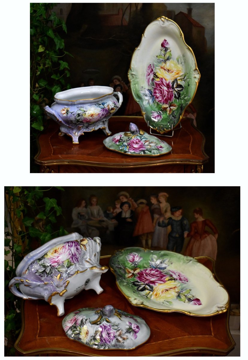  Caffy Limoges, porcelaine décorative à  décor de roses peintes à la main. plat et soupière -photo-7