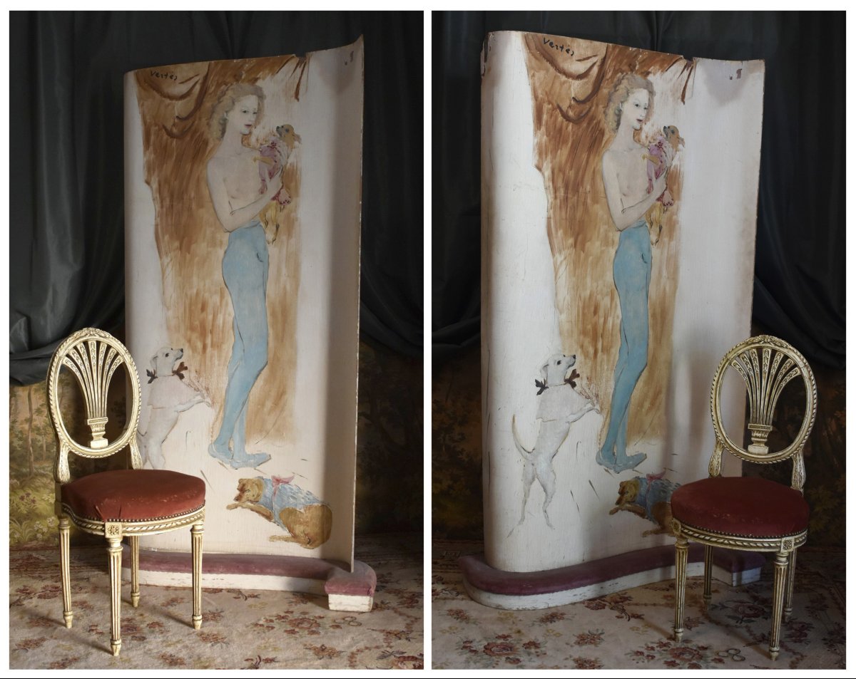 Marcel Vertès, Paravent, écran  de cabaret, music-hall , décor jeune femme nue et petits chiens-photo-3