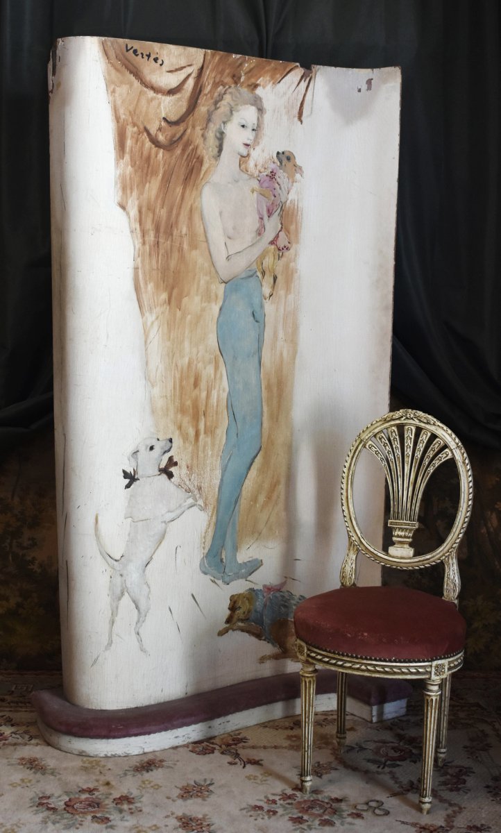 Marcel Vertès, Paravent, écran  de cabaret, music-hall , décor jeune femme nue et petits chiens-photo-1