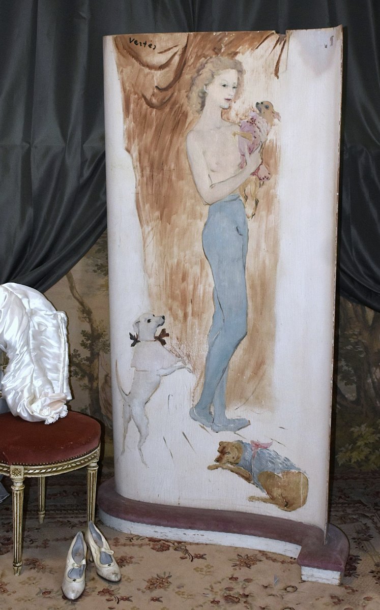 Marcel Vertès, Paravent, écran  de cabaret, music-hall , décor jeune femme nue et petits chiens