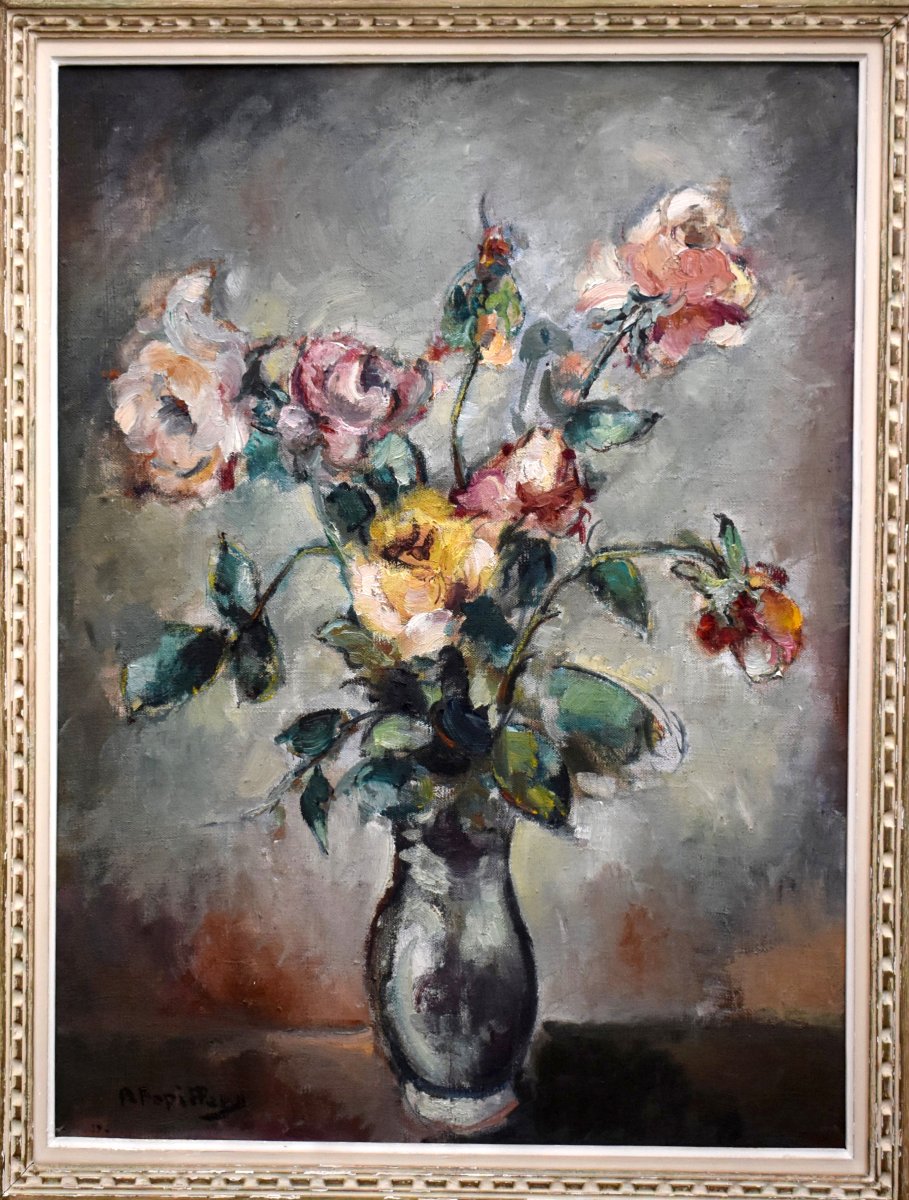 Pierre Papillaud , limoges,  Bouquet De fleurs, Roses Sur Entablement Dans Cadre Montparnasse .-photo-2