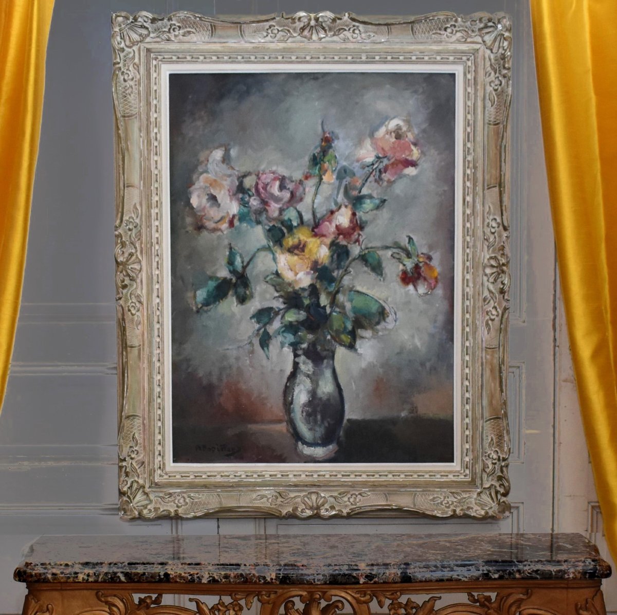 Pierre Papillaud , limoges,  Bouquet De fleurs, Roses Sur Entablement Dans Cadre Montparnasse .-photo-3