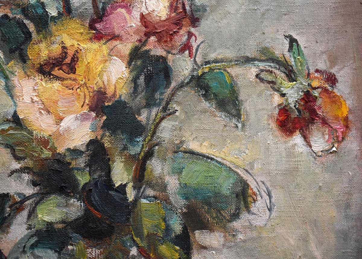 Pierre Papillaud , limoges,  Bouquet De fleurs, Roses Sur Entablement Dans Cadre Montparnasse .-photo-1