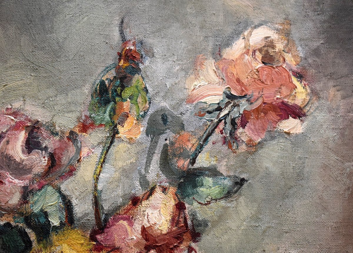 Pierre Papillaud , limoges,  Bouquet De fleurs, Roses Sur Entablement Dans Cadre Montparnasse .-photo-2