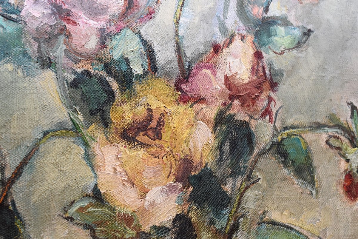 Pierre Papillaud , limoges,  Bouquet De fleurs, Roses Sur Entablement Dans Cadre Montparnasse .-photo-3