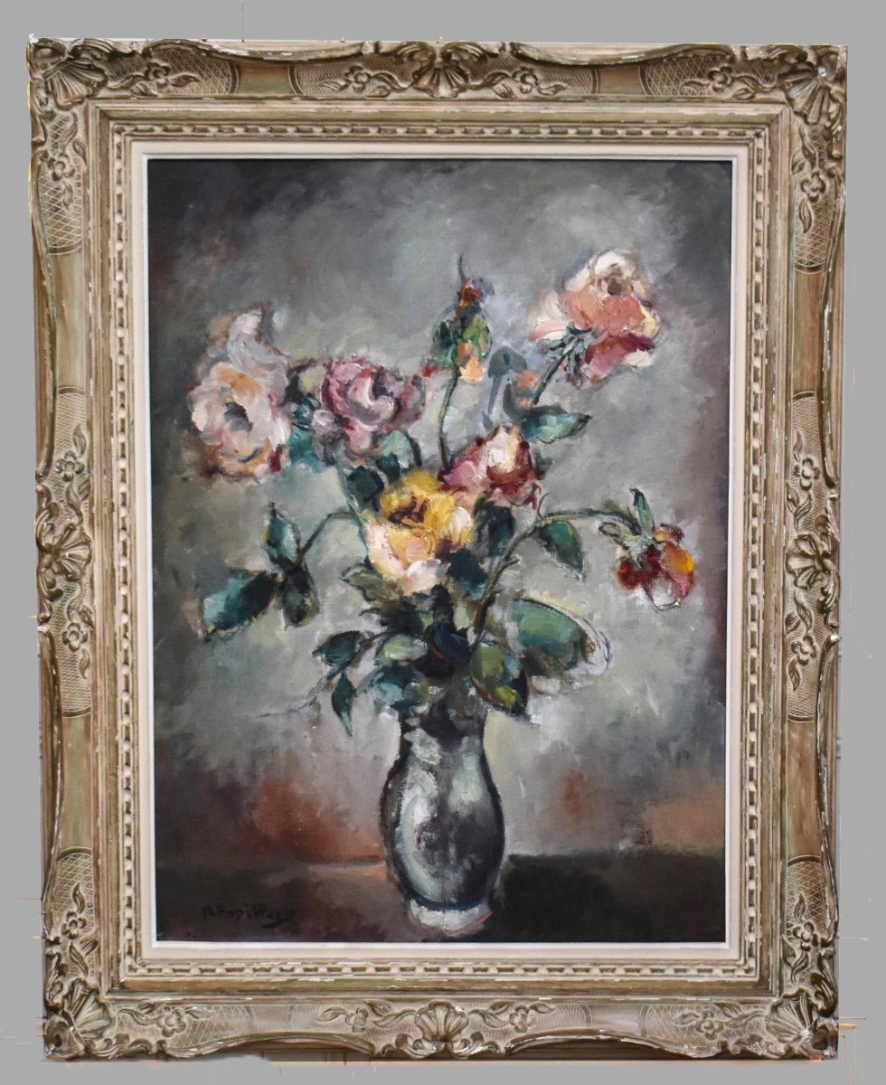 Pierre Papillaud , limoges,  Bouquet De fleurs, Roses Sur Entablement Dans Cadre Montparnasse .