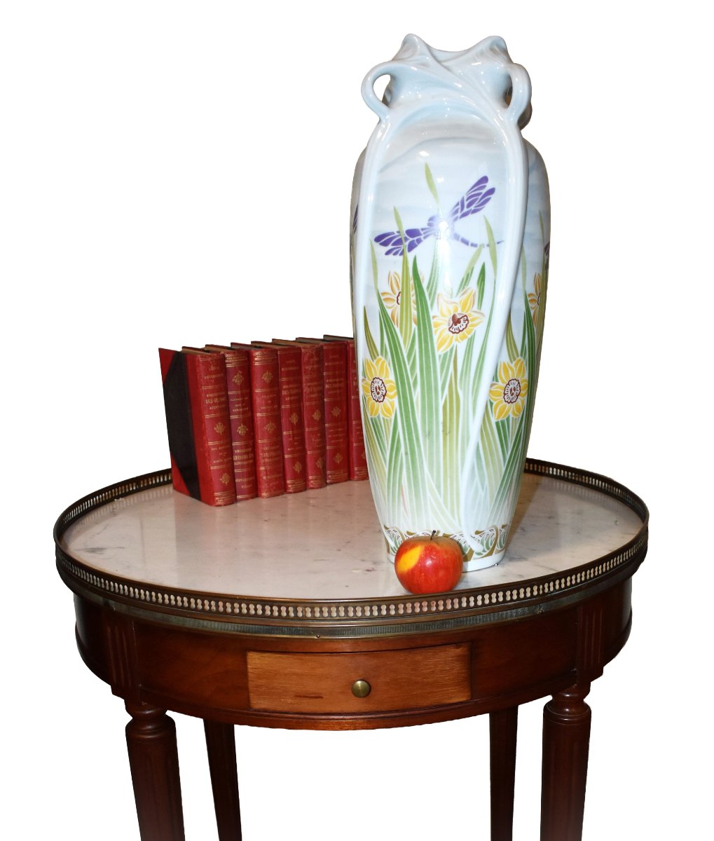 Large Art Nouveau-style Vase, Haviland Limoges Porcelain, Dragonflies And Daffodils -photo-2