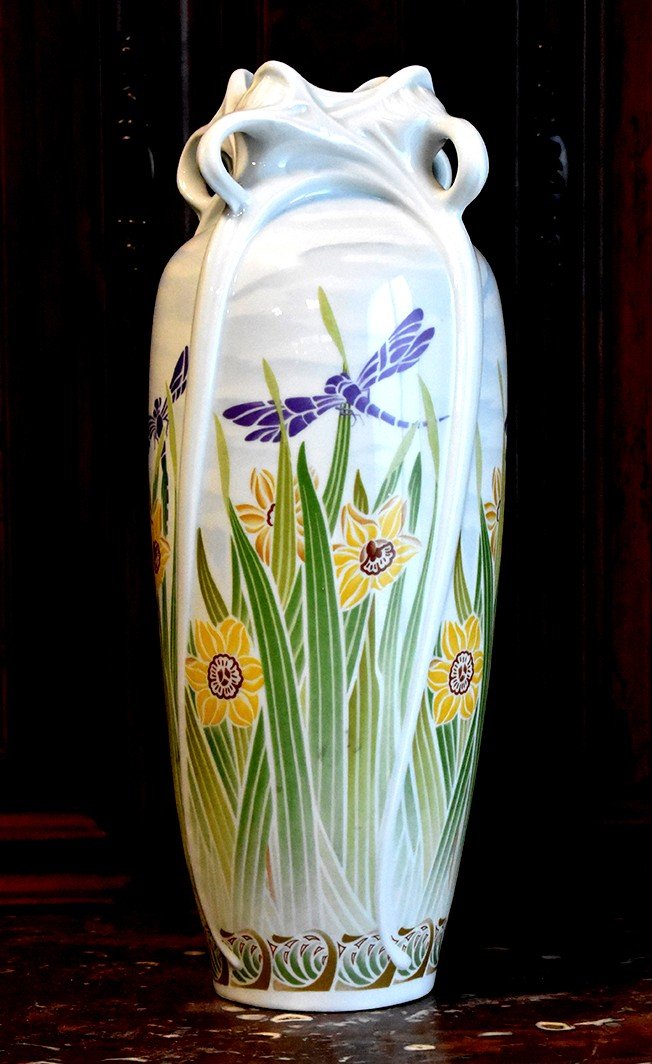 Large Art Nouveau-style Vase, Haviland Limoges Porcelain, Dragonflies And Daffodils -photo-4