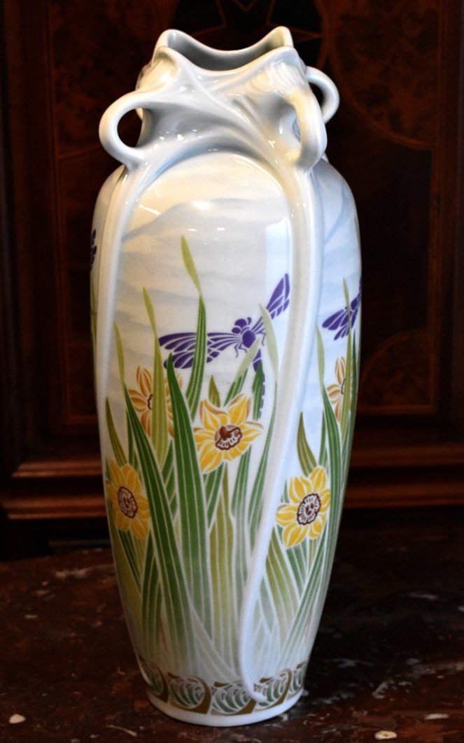 Large Art Nouveau-style Vase, Haviland Limoges Porcelain, Dragonflies And Daffodils -photo-1