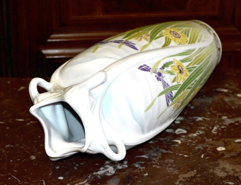 Large Art Nouveau-style Vase, Haviland Limoges Porcelain, Dragonflies And Daffodils -photo-2