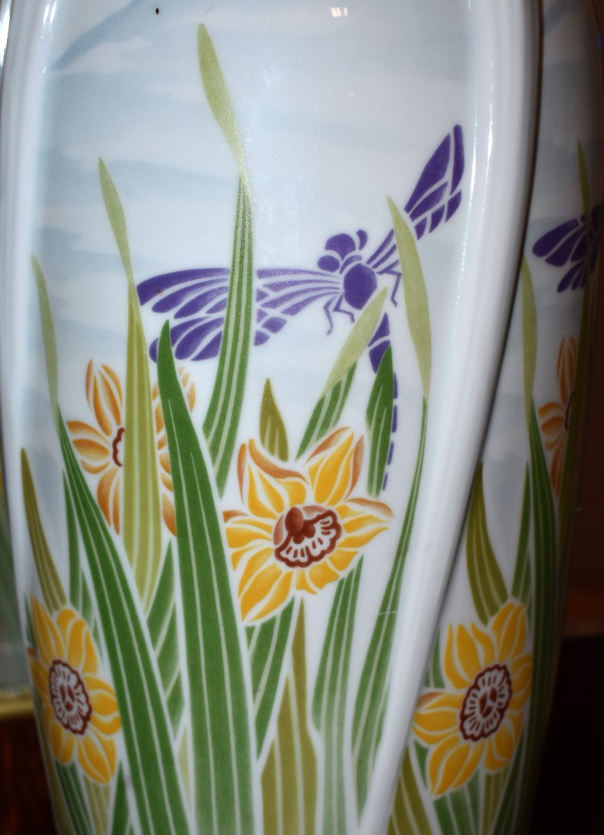 Large Art Nouveau-style Vase, Haviland Limoges Porcelain, Dragonflies And Daffodils -photo-7
