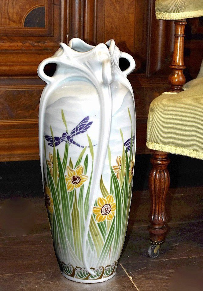 Large Art Nouveau-style Vase, Haviland Limoges Porcelain, Dragonflies And Daffodils 