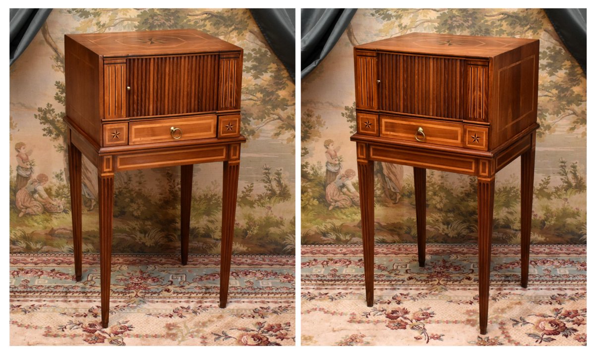 Petit Meuble d'appoint de salon de style Louis XVI,  cerisier et marqueterie bois clair, rideau-photo-4