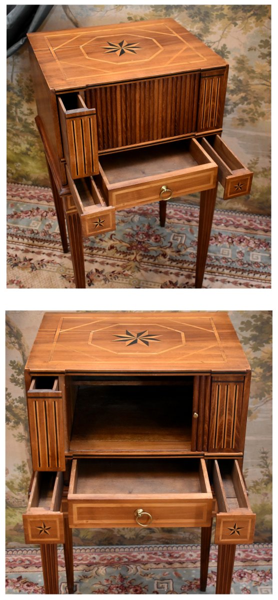 Petit Meuble d'appoint de salon de style Louis XVI,  cerisier et marqueterie bois clair, rideau-photo-1