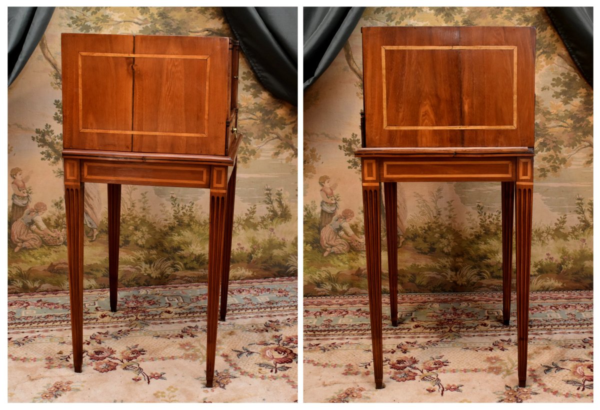 Petit Meuble d'appoint de salon de style Louis XVI,  cerisier et marqueterie bois clair, rideau-photo-7