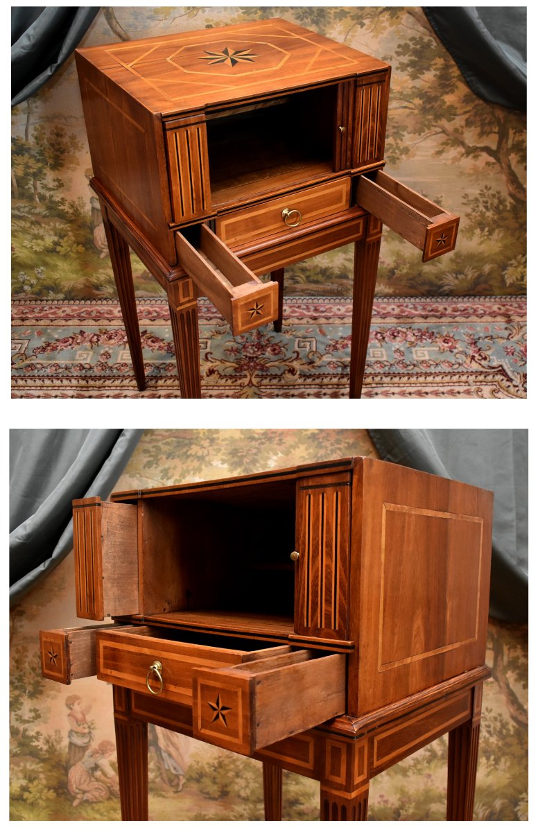Petit Meuble d'appoint de salon de style Louis XVI,  cerisier et marqueterie bois clair, rideau-photo-8