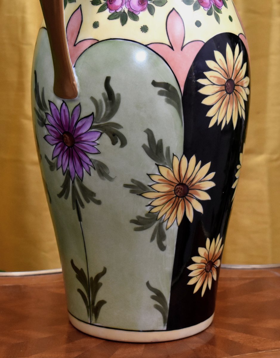 F. Quinque, vase En Porcelaine De Limoges manufacture Tressemanes -Vogt, roses et marguerites  -photo-2