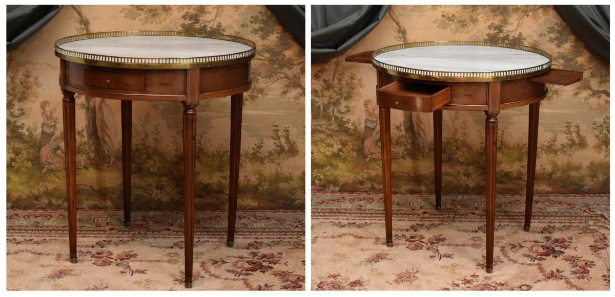 Table bouillotte de style Louis XVI en acajou , marbre blanc , guéridon à  2 tirettes XIXe-photo-4