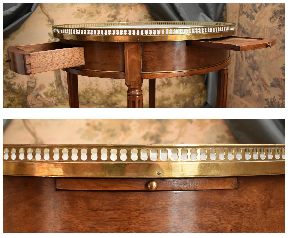 Table bouillotte de style Louis XVI en acajou , marbre blanc , guéridon à  2 tirettes XIXe-photo-4