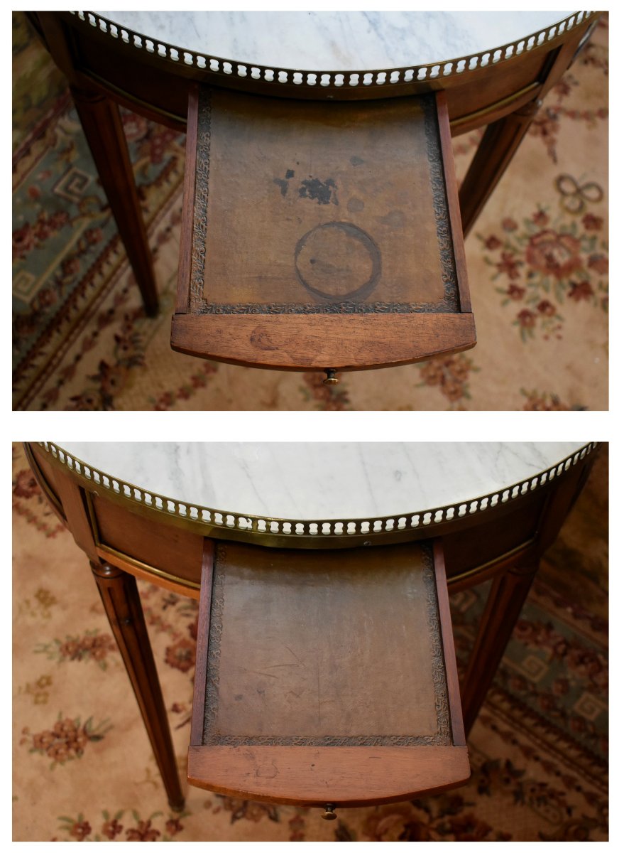 Table bouillotte de style Louis XVI en acajou , marbre blanc , guéridon à  2 tirettes XIXe-photo-7
