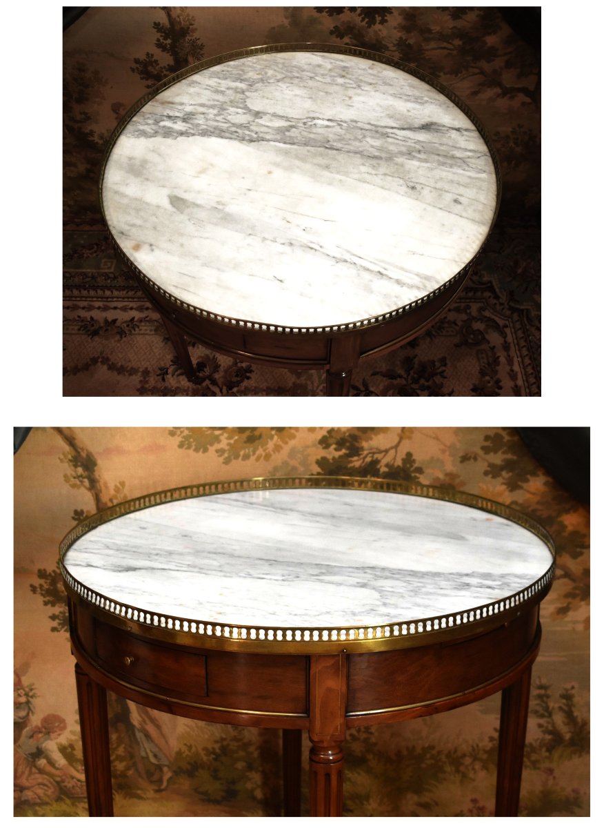 Table bouillotte de style Louis XVI en acajou , marbre blanc , guéridon à  2 tirettes XIXe-photo-8