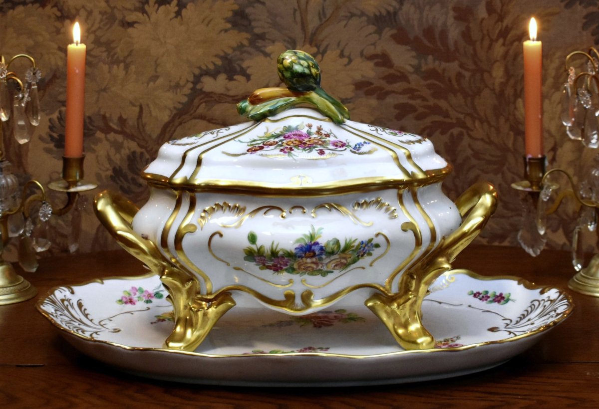 Large Soup Tureen And Serving Dish In Hand-painted Limoges Porcelain,-photo-2