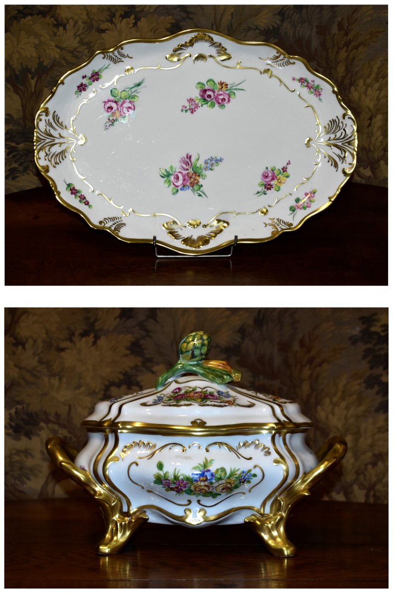Large Soup Tureen And Serving Dish In Hand-painted Limoges Porcelain,-photo-3