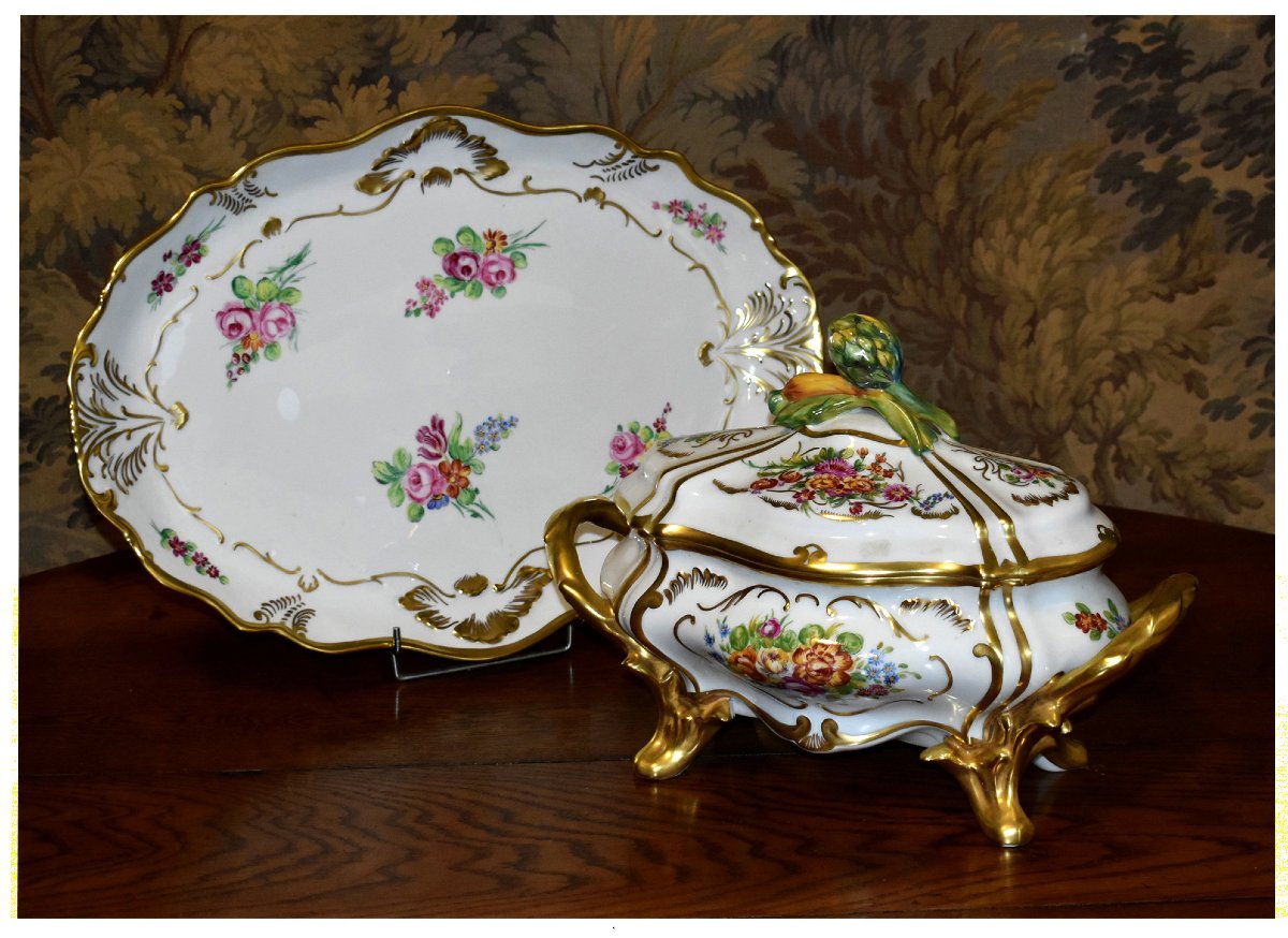 Large Soup Tureen And Serving Dish In Hand-painted Limoges Porcelain,-photo-1