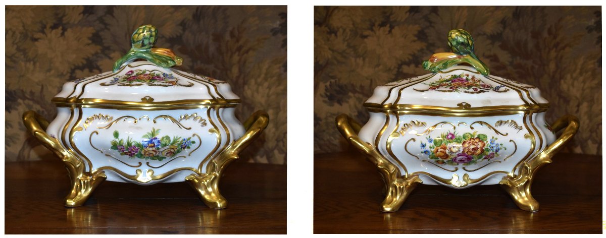 Large Soup Tureen And Serving Dish In Hand-painted Limoges Porcelain,-photo-3