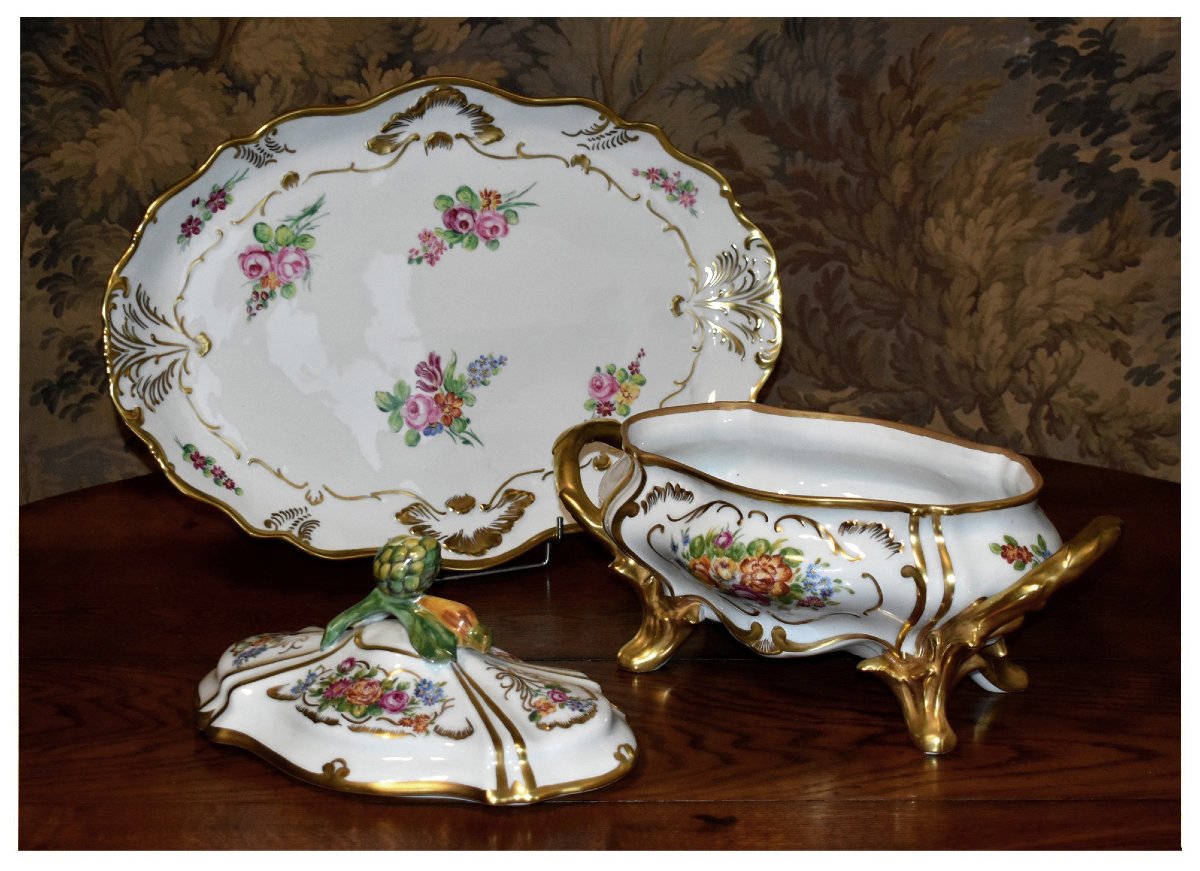 Large Soup Tureen And Serving Dish In Hand-painted Limoges Porcelain,-photo-4