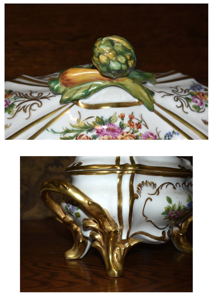 Large Soup Tureen And Serving Dish In Hand-painted Limoges Porcelain,-photo-7