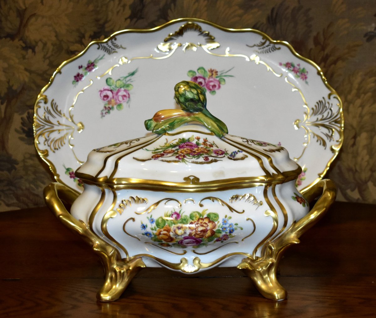 Large Soup Tureen And Serving Dish In Hand-painted Limoges Porcelain,